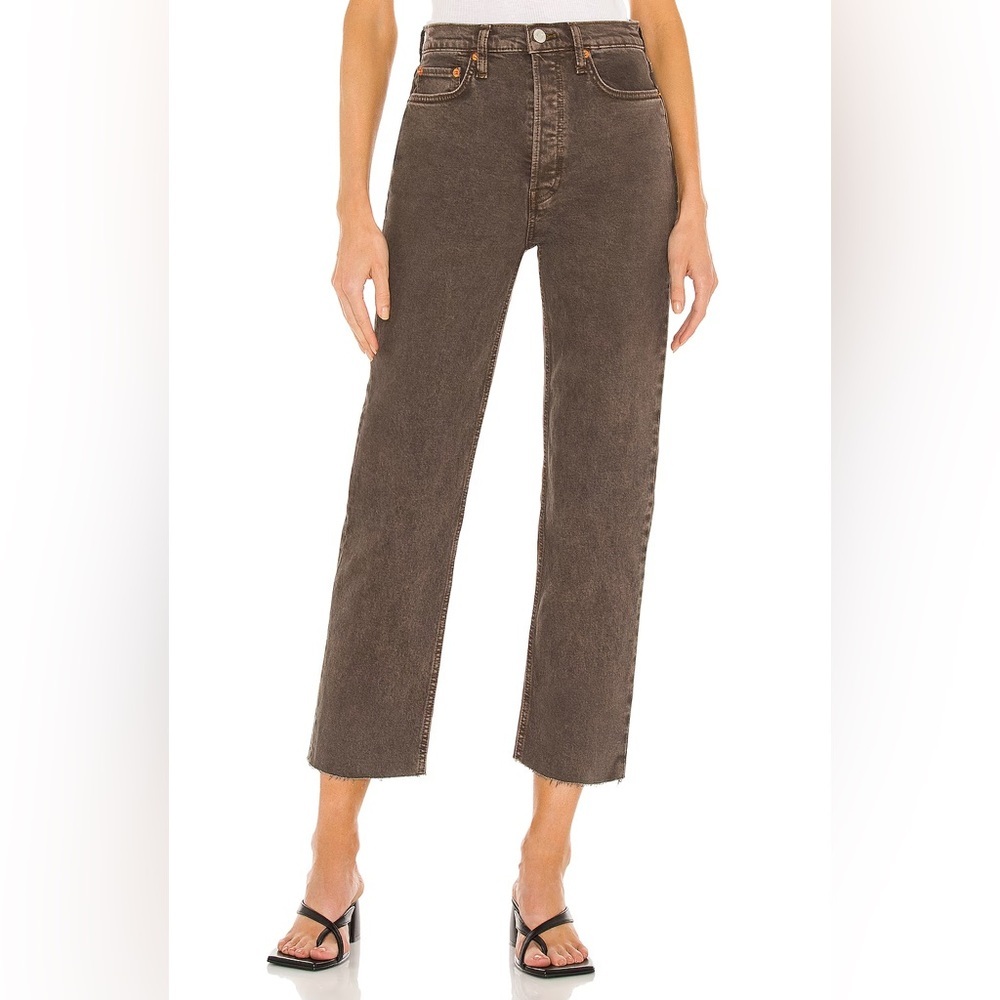 Re/Done Originals 70s Ultra High Rise Stove Pipe Leg Raw Hem Jeans Brown 27